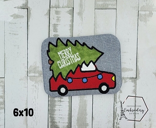Car with Christmas Tree Mug Rug Embroidery Design (6X10)